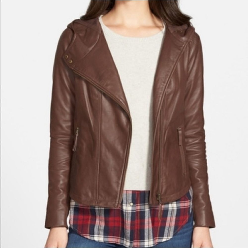 Hinge Soil Brown Leather Hooded Moto Motorcycle Side Zip‎ Fall Jacket Md